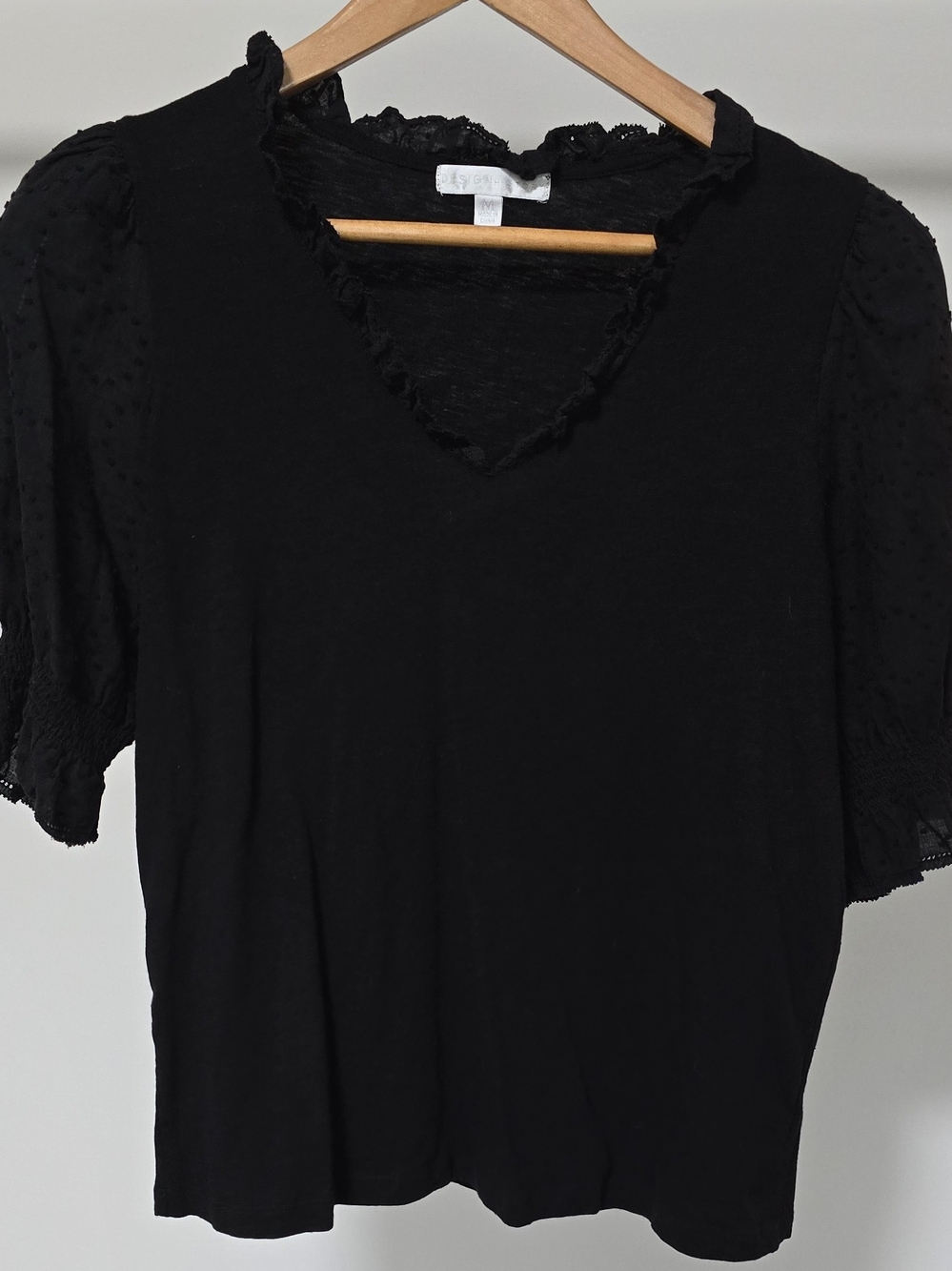 Design History Black Lace-Trim Puff Sleeve Tee